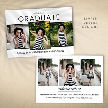 simple elegant modern graduation announcement with 6 photos, simple typography and modern script